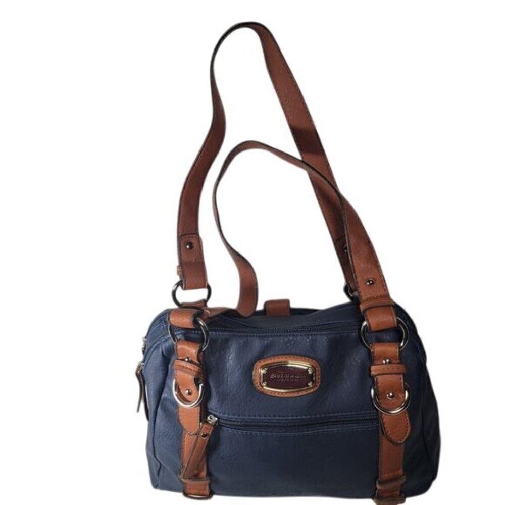 Jones New York Classic Workwear Faux Leather Blue With Brown Trim Shoulder Bag